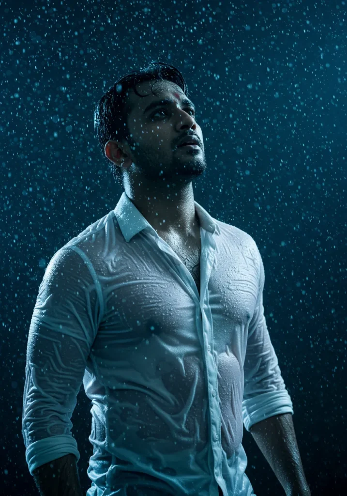 3. Dramatic Male Model in Heavy Rain